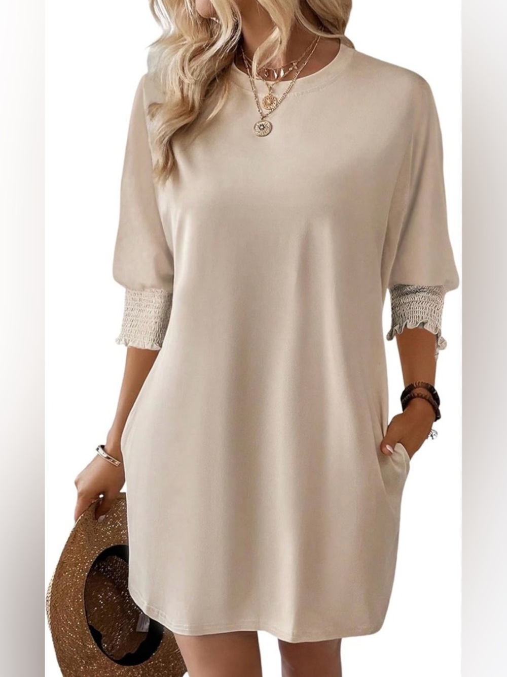 Women’s Midi Dress with Knit Cuff Detail - Beige